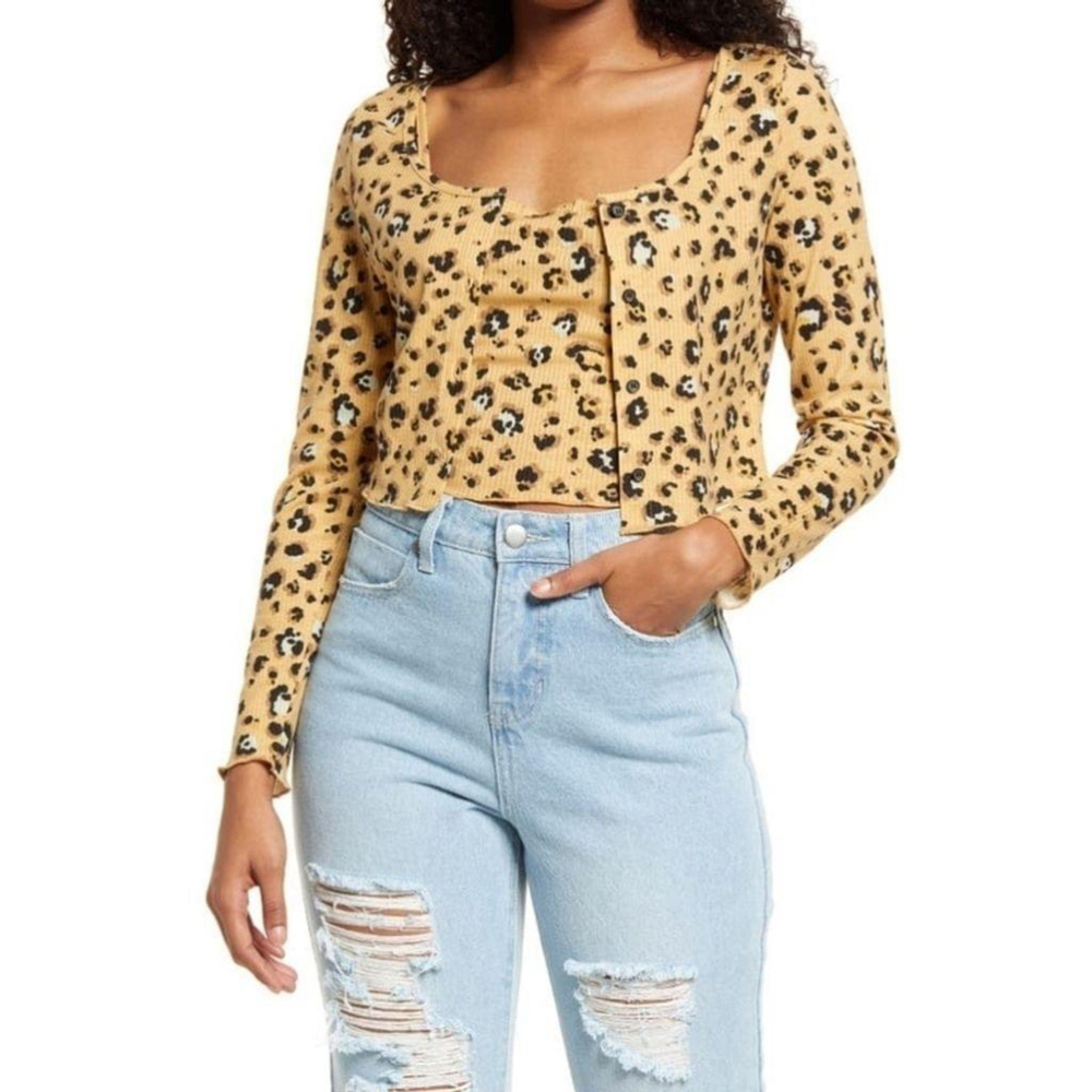 New Nordstrom BP | Crop Rib Cardigan & Camisole Set in Beige Nougat Leopard
